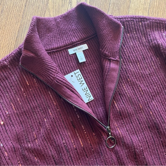 Nine West Quarter Zip Sequin Front Stripe Wine Pullover Size Large - Picture 2 of 6